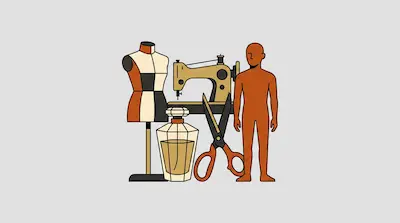 Flat illustration of a sewing machine, a dress form, scissors, and a human figure in warm earth tones on a gray background