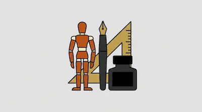 Flat illustration of an artist mannequin, a fountain pen, a triangle ruler, and an ink bottle on a gray background