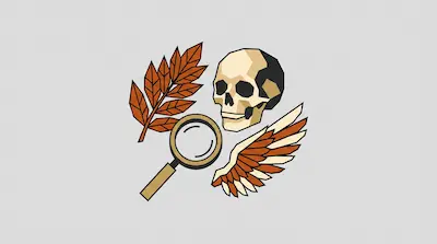 Flat illustration of a human skull, a magnifying glass, a brown leaf, and a feathered wing on a light gray background