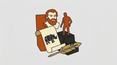 Flat illustration of a bearded man bust, a small human figure, a quill, and a scroll with a rhinoceros drawing