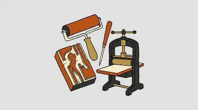 Flat illustration of printmaking tools including a brayer, a carved woodblock, and a small manual printing press