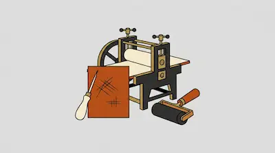 Flat illustration of a vintage printing press with a brayer roller and an engraved copper plate on a gray background
