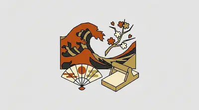 Flat illustration of a stylized orange wave, a cherry blossom branch, and a folding fan on a light grey background