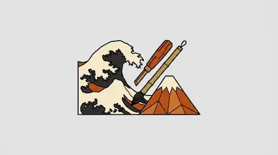 Flat illustration of a crashing wave, a snow capped mountain, and art tools including a brush and chisel