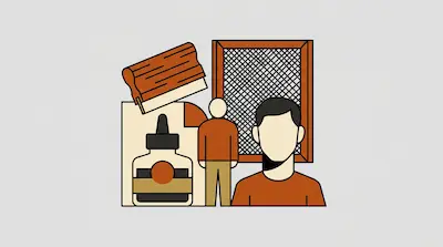 Flat illustration of screen printing tools including a squeegee, ink bottle, and mesh frame with human figures.