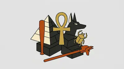A cluster of stylized Egyptian icons including a pyramid, an ankh, a jackal head, a scarab beetle, and a scepter.
