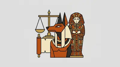 A jackal-headed figure stands beside a sarcophagus, a balance scale, and a scroll.