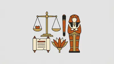 A collection of icons including a scale with a heart, a sarcophagus, a scroll, and a lotus flower.