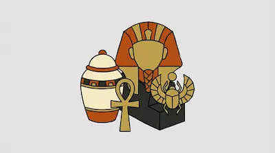 A collection of stylized Egyptian icons including a pharaoh's mask, an ankh, a canopic jar, and a winged scarab beetle.