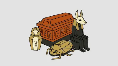 Stylized Egyptian artifacts including a sarcophagus, a seated jackal-headed figure, a scarab beetle, and a canopic jar.