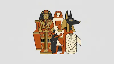 A sarcophagus, a jackal-headed figure, a person, and a roll of bandages are grouped together in a stylized graphic.