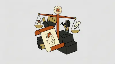 A scale balances a heart and a feather, accompanied by an ibis-headed figure writing on a tablet and a large scroll featuring a heart.