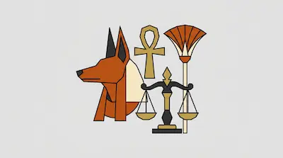 Geometric illustrations of a jackal head, an ankh, a papyrus stalk, and a set of scales.