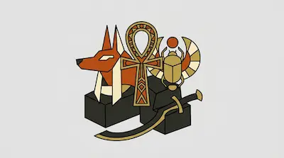 Stylized Egyptian icons including the head of Anubis, an ankh, a winged scarab, and a curved sword.