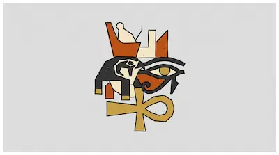 A stylized graphic featuring layered ancient Egyptian symbols including an ankh, the Eye of Horus, and a falcon head.