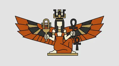 A geometric illustration of a winged figure in ancient Egyptian style holding a sistrum and an ankh.