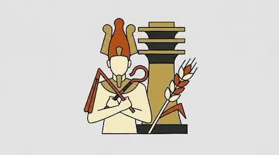 An Egyptian figure with crossed arms holds a crook and flail next to a djed pillar and a stalk of grain.