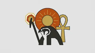 A minimalist graphic of a falcon head positioned in front of a sun disk, with a staff on the left and an ankh on the right.