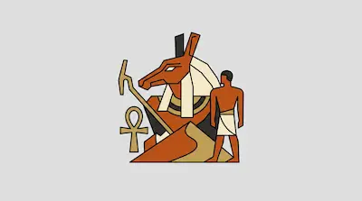 Flat illustration of the Egyptian god Set with an ankh symbol and a human figure on a light grey background