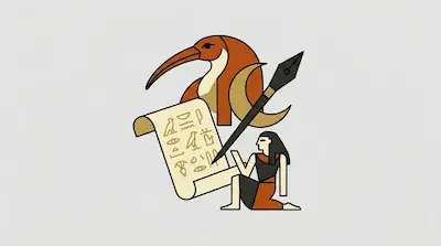 Flat illustration of an Egyptian scribe writing on a papyrus scroll next to a large ibis bird and a crescent moon