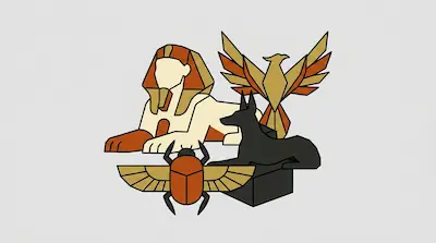 Stylized icons of a Sphinx, a golden bird with spread wings, a black jackal, and a winged scarab beetle.