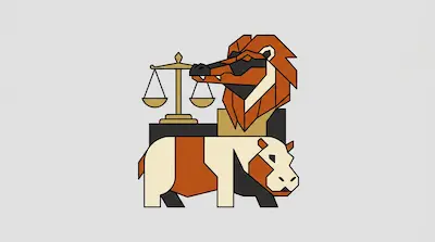 A geometric graphic of a lion with a crocodile snout, a set of scales, and a hippopotamus.