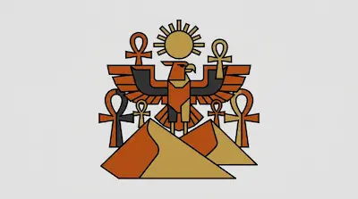 A geometric eagle with outstretched wings stands above two pyramids, surrounded by ankh symbols and a sun disk.