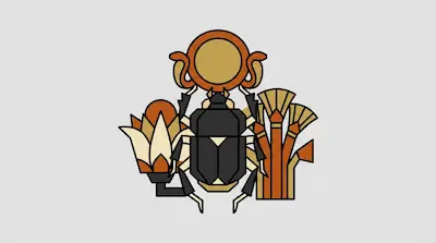 A geometric illustration of a scarab beetle holding a sun disk, flanked by a lotus flower and papyrus plants.