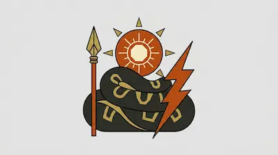 A coiled black snake with gold patterns is centered between a spear on the left and an orange lightning bolt on the right, with a sun symbol above it.