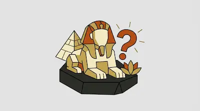 A stylized Sphinx and pyramid next to a large orange question mark and a lotus flower.