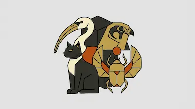 A stylized, geometric arrangement of an ibis, a black cat, a falcon head, and a winged scarab beetle.