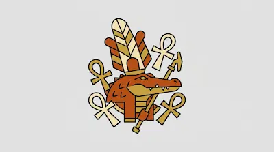 A stylized orange crocodile wearing a feathered crown and holding a staff, surrounded by four ankh symbols.