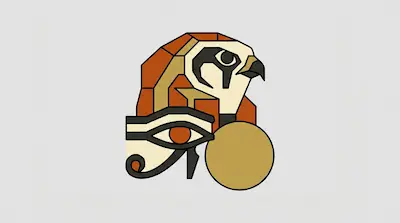 A stylized, geometric falcon head in profile, integrated with an Eye of Horus and a solid tan circle.