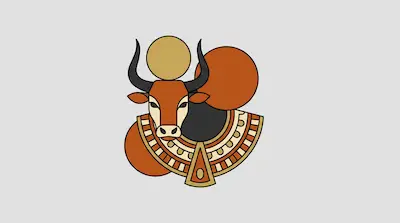 A stylized bull head with a golden disk between its horns and a decorative collar, set against two large orange circles.