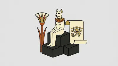 A figure with a cat's head sits on dark blocks next to a papyrus plant and a scroll with an eye symbol.