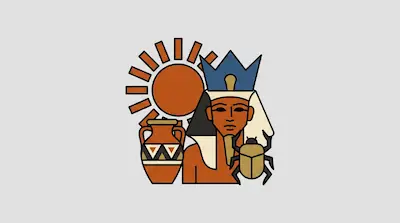 A pharaoh with a blue crown, a sun, a patterned jar, and a scarab beetle.