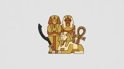 Two pharaohs and a sphinx grouped with a curved sword and an ankh symbol in a minimalist, earth-toned style.