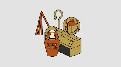 A collection of stylized Egyptian objects including a flail, a crook, a scarab beetle emblem, a canopic jar, and a rectangular chest.
