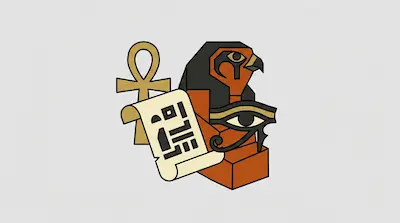 A geometric illustration of an ankh, a falcon-headed figure, a papyrus scroll, and the Eye of Horus.