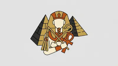 A stylized pharaoh holding a crossed crook and flail stands in front of two pyramids.