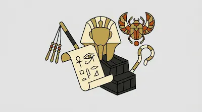 A collection of stylized Egyptian icons including a pharaoh's mask, a winged scarab, a papyrus scroll with hieroglyphs, a crook, and a flail.