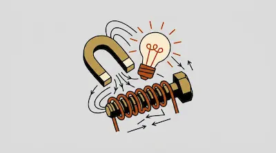 A horseshoe magnet, a glowing light bulb, and a bolt wrapped in a copper coil are surrounded by magnetic field lines and arrows.