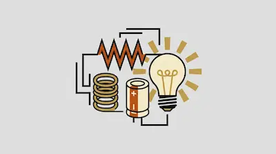 A minimalist graphic of a resistor, coil, capacitor, and glowing light bulb connected by black circuit lines.