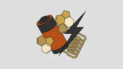 An orange battery, hexagonal chemical structures, a black lightning bolt, and a golden coil are clustered together.
