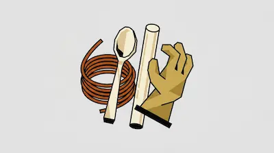 A coil of copper wire, a wooden spoon, a white rod, and a tan work glove.