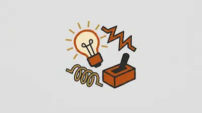 A glowing light bulb, a zigzag line, a coiled spring, and a lever switch.
