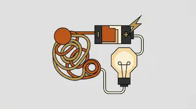 A battery and a light bulb are connected by a large, tangled knot of orange and tan wires.