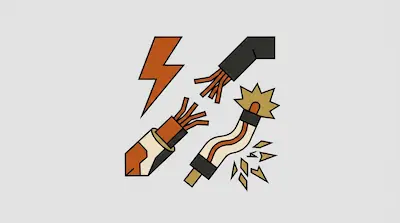 Severed electrical cables with exposed wires, a lightning bolt, and a spark.