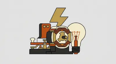 A telegraph key, an electric motor, and a light bulb grouped together under a lightning bolt symbol.