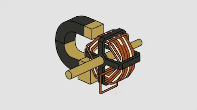 A horseshoe magnet surrounds a copper wire coil wound around a central shaft.